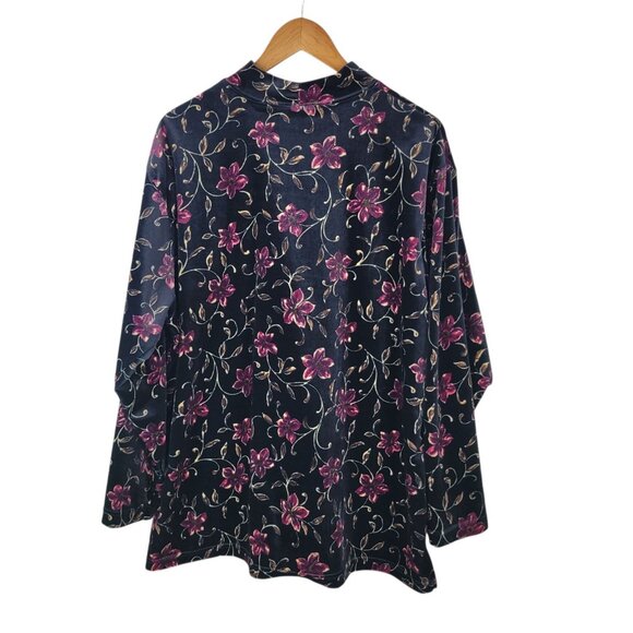 Vtg Velvet Mock Neck Top Plus 18/20 2X Floral Stretch Black Velour Long Sleeve - Picture 2 of 5